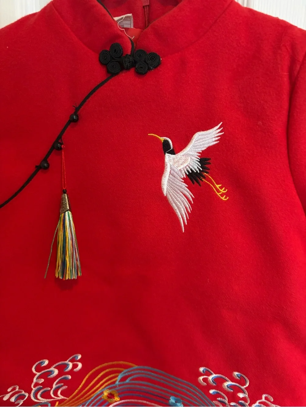 Red Embroidered Crane Tunic Top